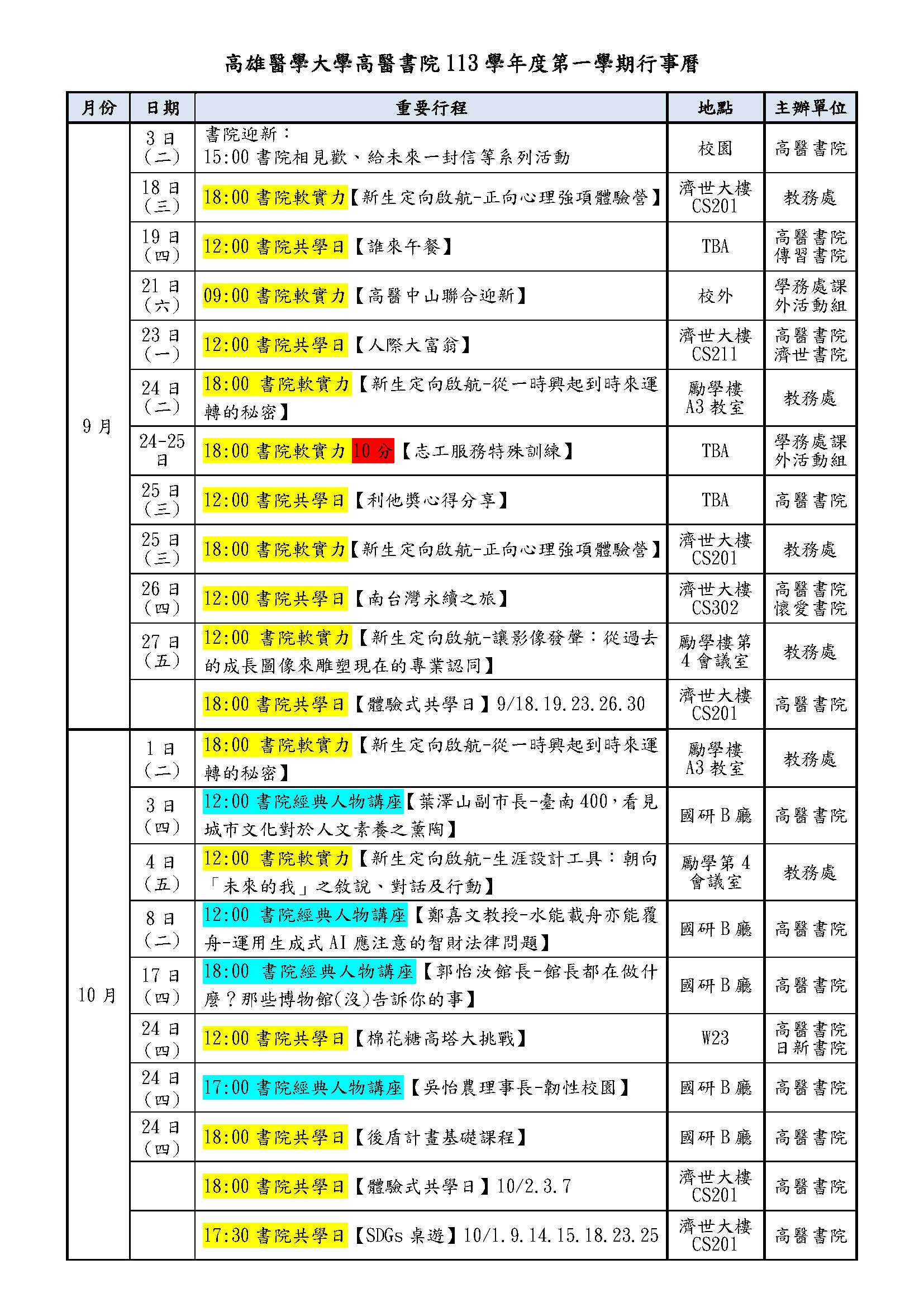 113學年高醫書院行事曆 頁面 1